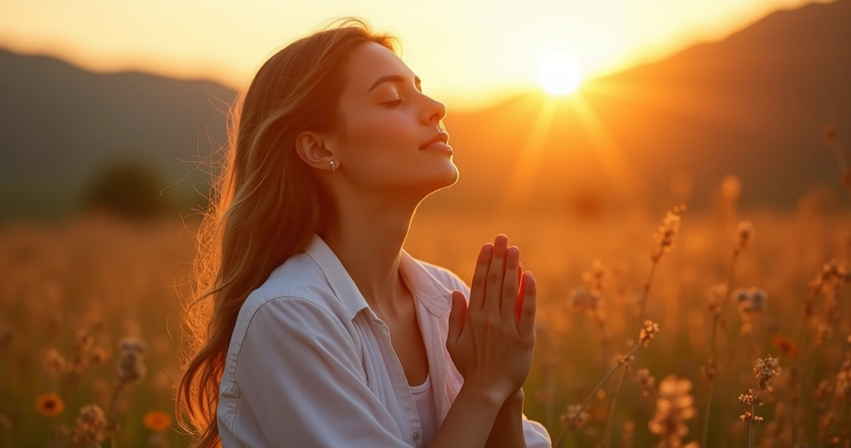 Mulher sentada, orando de olhos fechados diante do pôr do sol