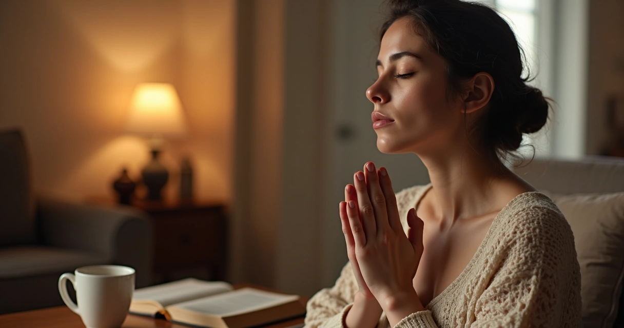 Mulher de olhos fechados orando com as mãos unidas 