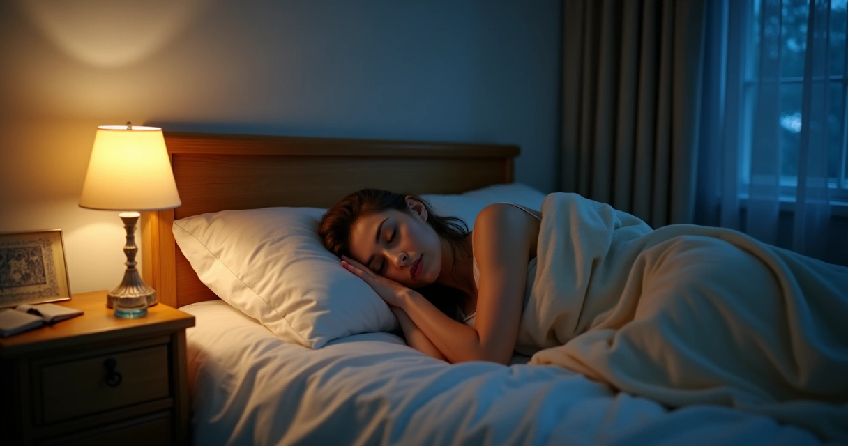 Mulher deitada na cama orando em quarto escuro iluminado por iluminação suave 