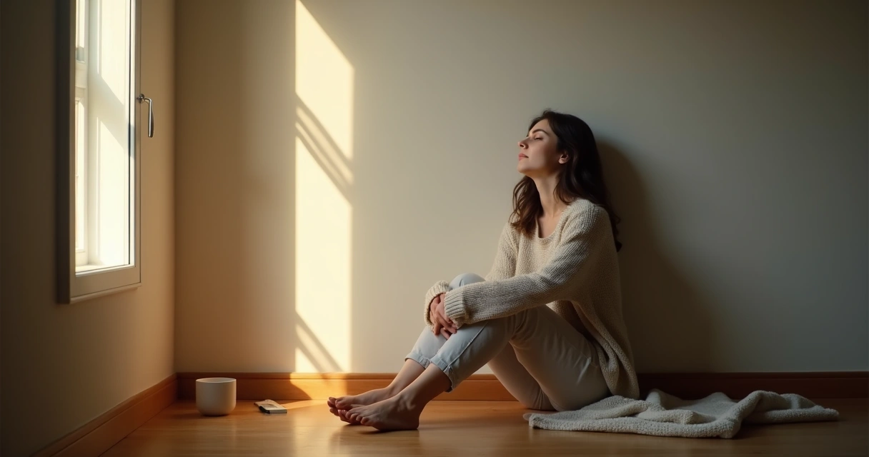 Mulher sentada no chão encostada na parede em quarto escuro recebendo luz suave da janela 