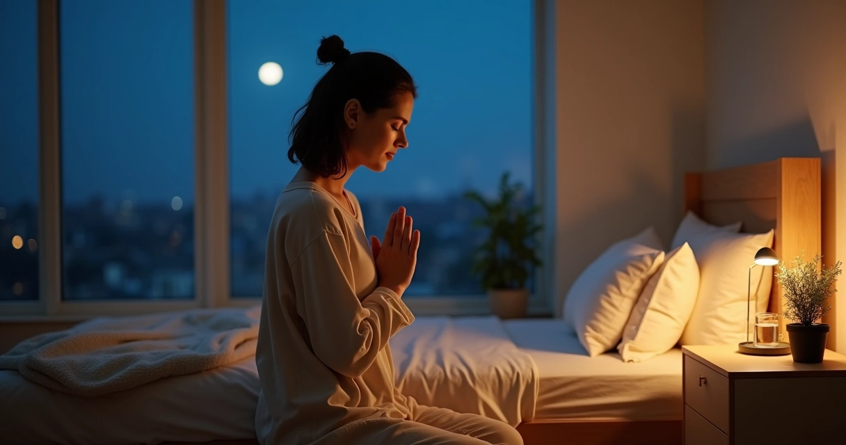 Mulher cristã orando ajoelhada ao lado da cama perto da janela à noite 