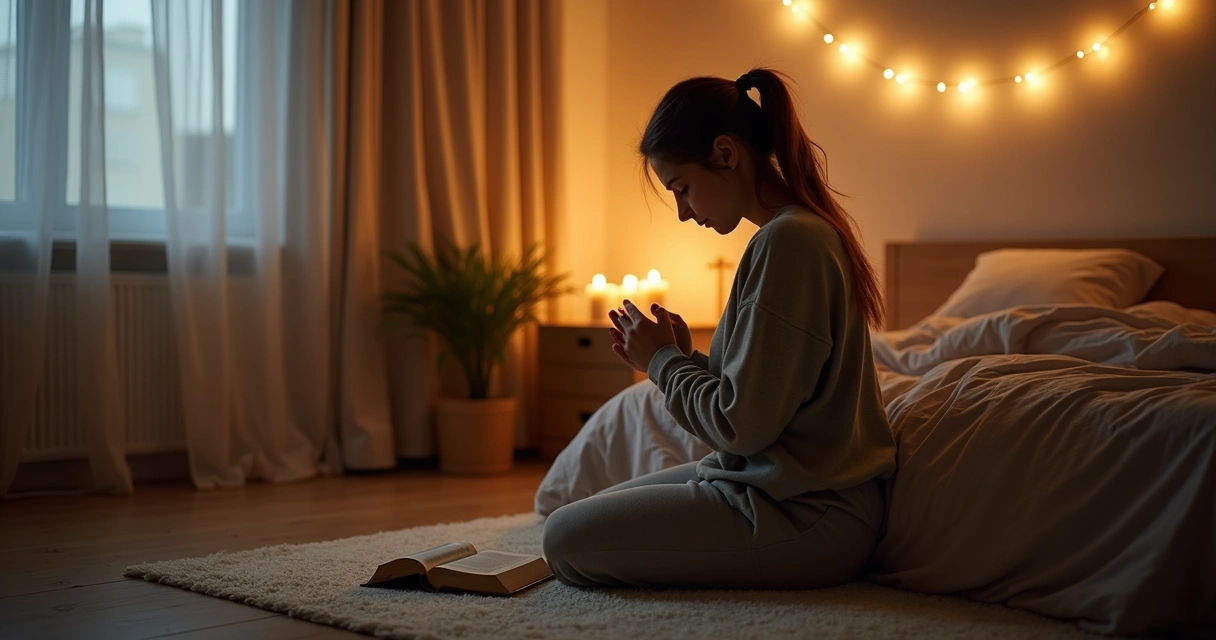 Mulher cristã orando ajoelhada ao lado da cama com Bíblia aberta e luz suave de velas 