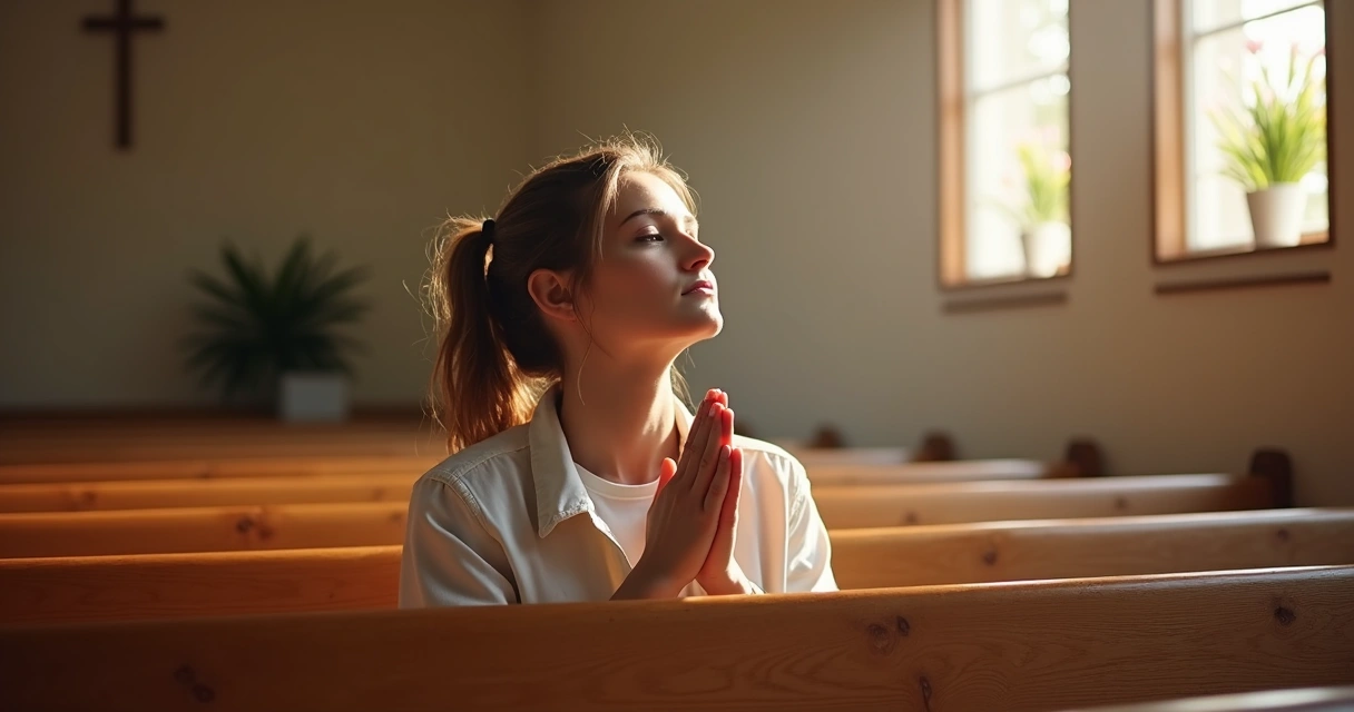 Mulher orando em silêncio no banco da igreja durante páscoa 