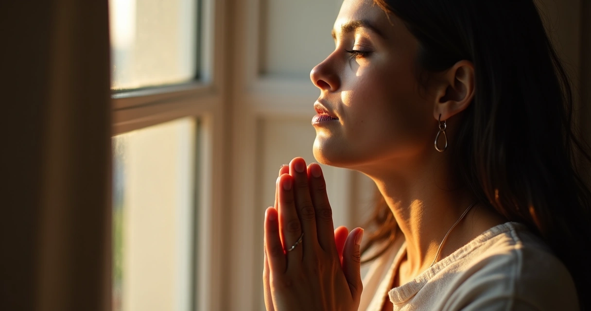 Mulher com olhos fechados orando em silêncio 