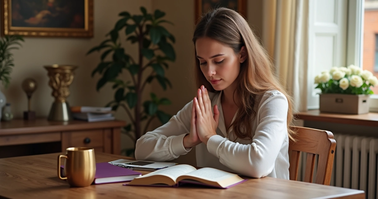 Mulher orando sentada em mesa com livro devocional, caderno e caneca 