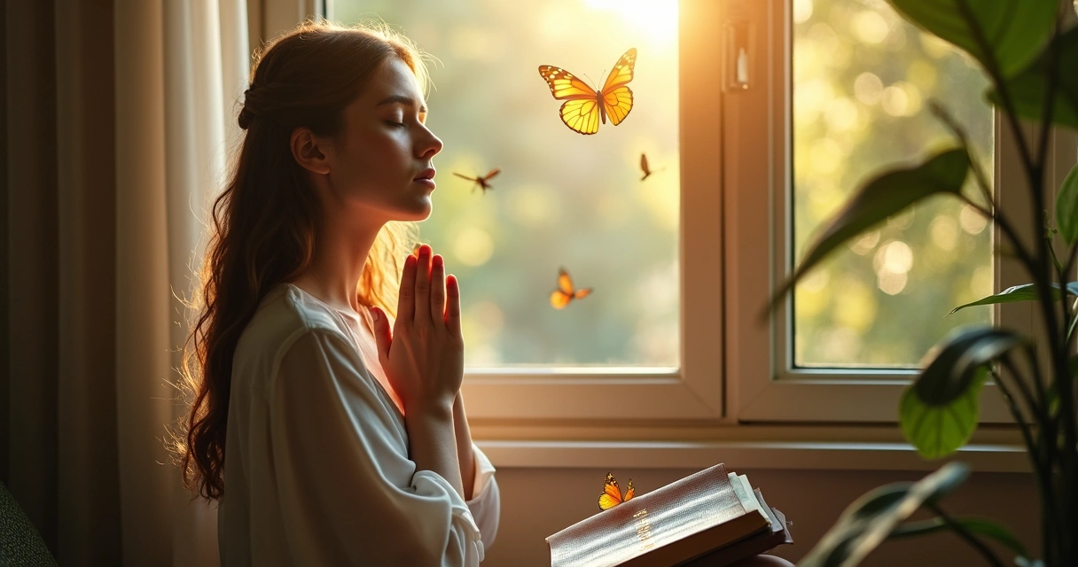 Mulher orando com expressão de renovação e luz suave 
