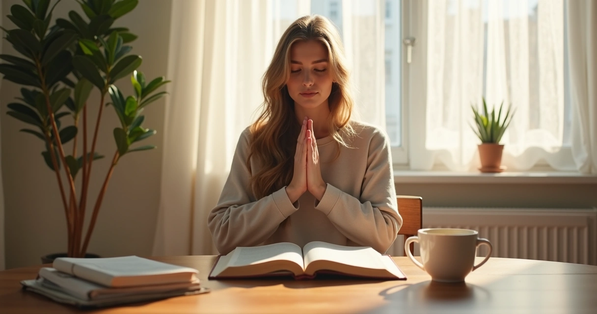 Mulher sentada orando em casa durante a manhã, com Bíblia aberta e luz natural entrando pela janela 