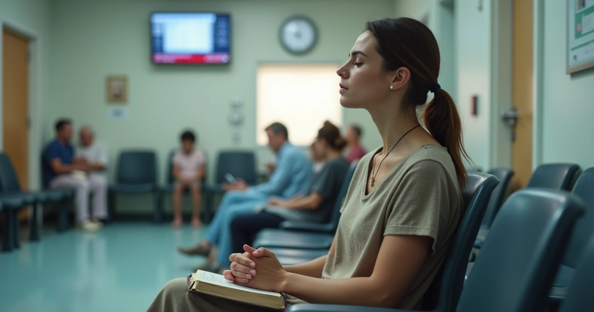 Mulher cristã orando discretamente em sala de espera de hospital movimentada 