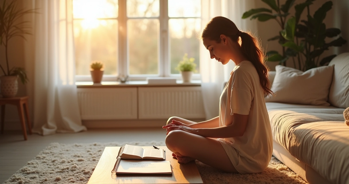 Mulher sentada no chão da sala com bíblia e caderno de oração ao amanhecer 