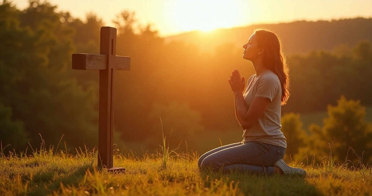 Mulher ajoelhada orando ao nascer do sol