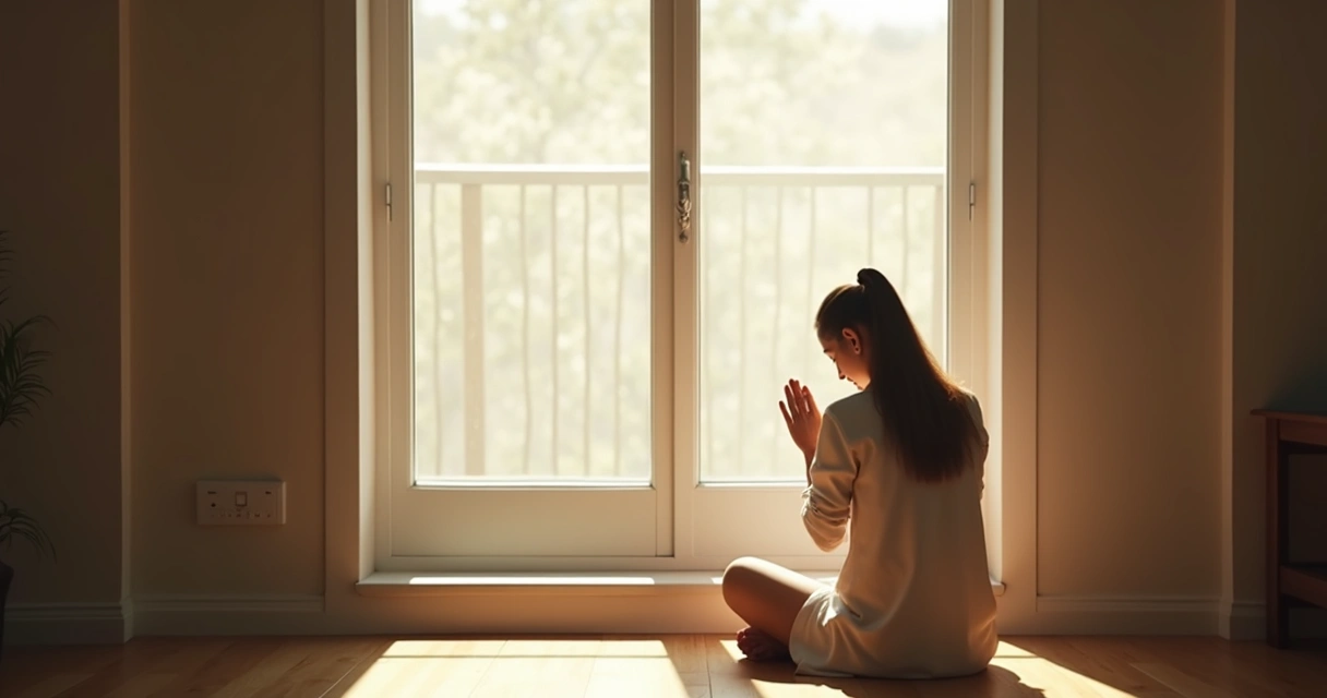 Mulher orando sozinha sentada em frente à janela 