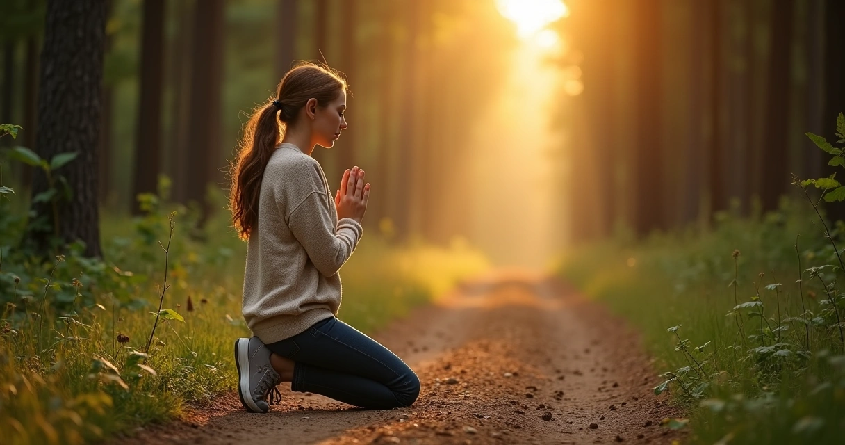 Mulher em trilha na floresta orando de joelhos sob luz suave 
