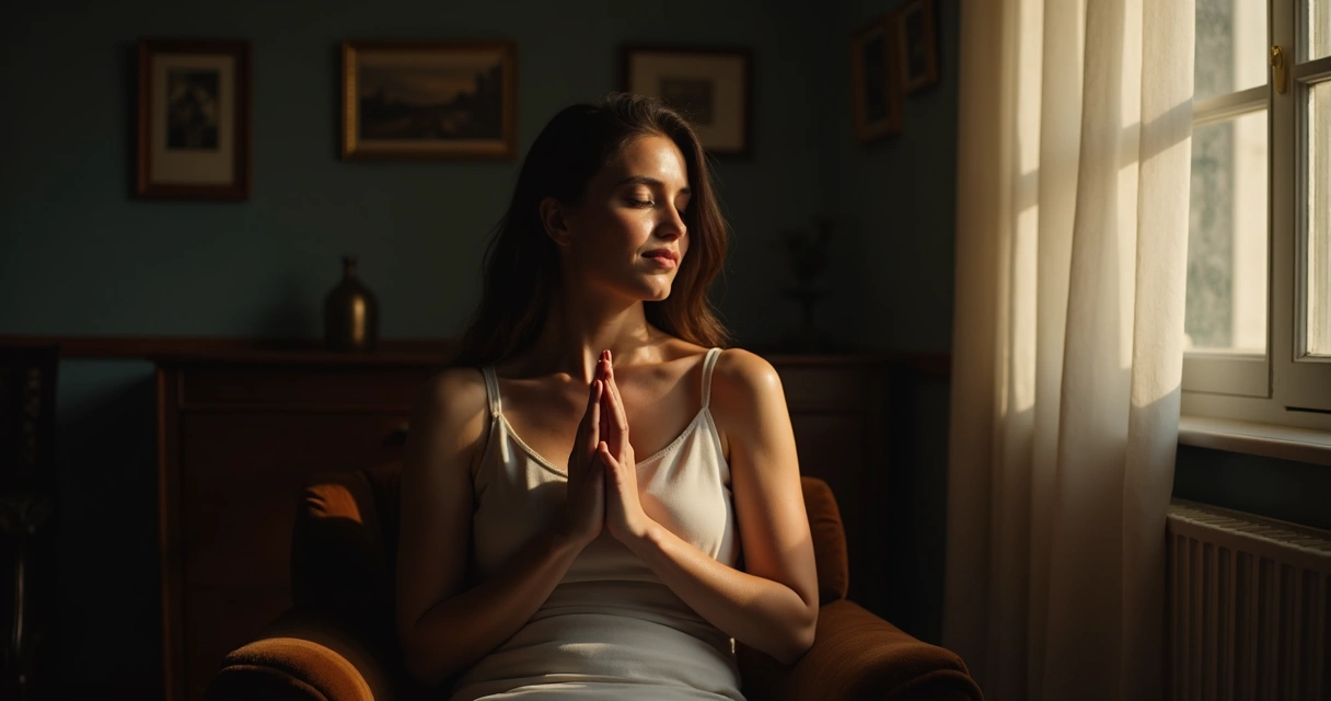 Mulher orando sentada, rosto entre as mãos com expressão de angústia, luz suave iluminando fundo escuro 