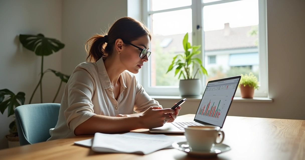Mulher organizando finanças usando celular numa mesa moderna