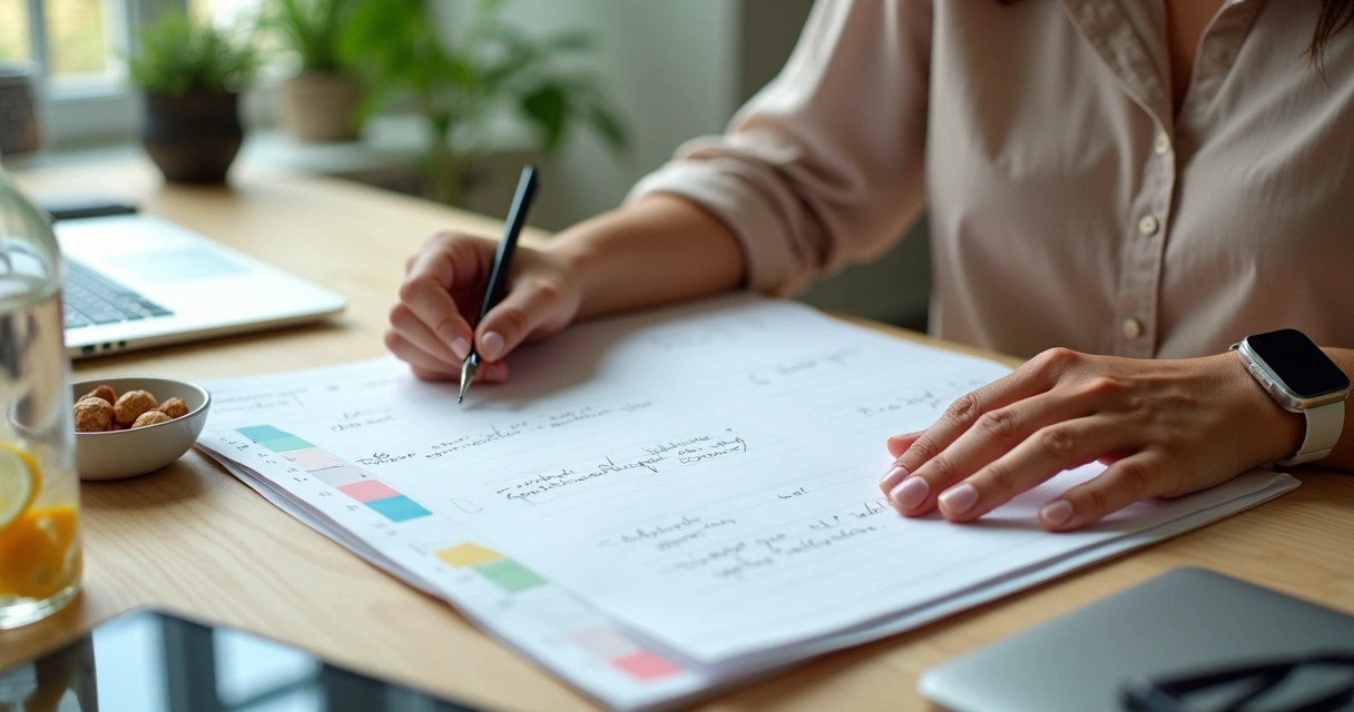 Mulher organiza atividades de saúde preventiva em planner semanal 