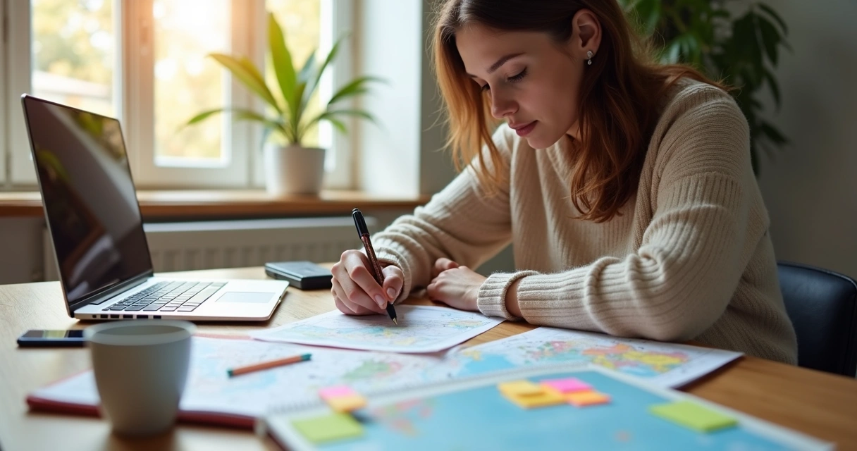 Mulher sentada à mesa organizando roteiro de viagem com laptop, mapas e anotações ao redor 