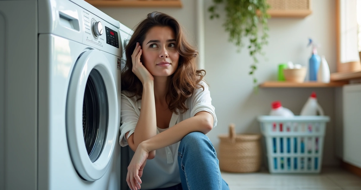 Mulher escutando secadora com expressão preocupada. 