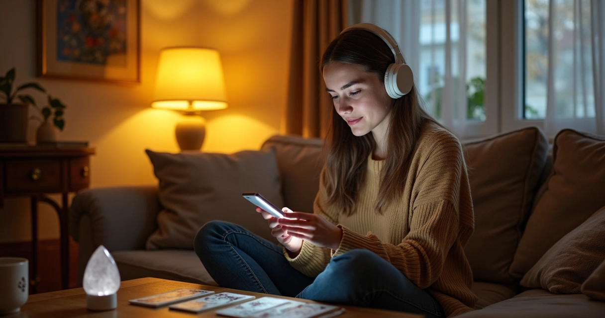 Mulher ouvindo consulta de tarot no celular com fones de ouvido 