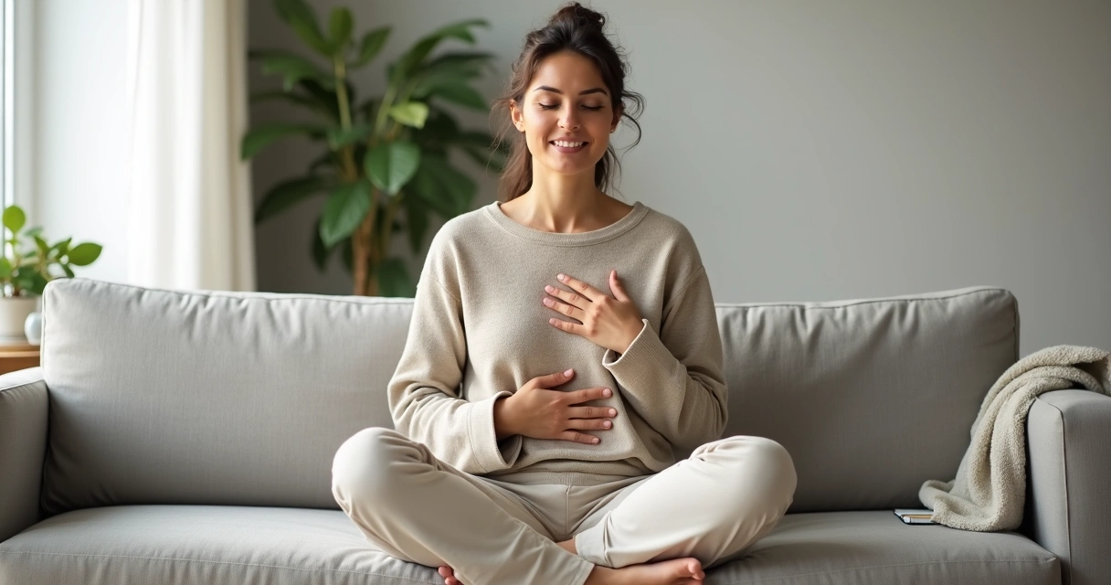 Mulher sentada em silêncio com a mão no peito percebendo sinais do corpo 