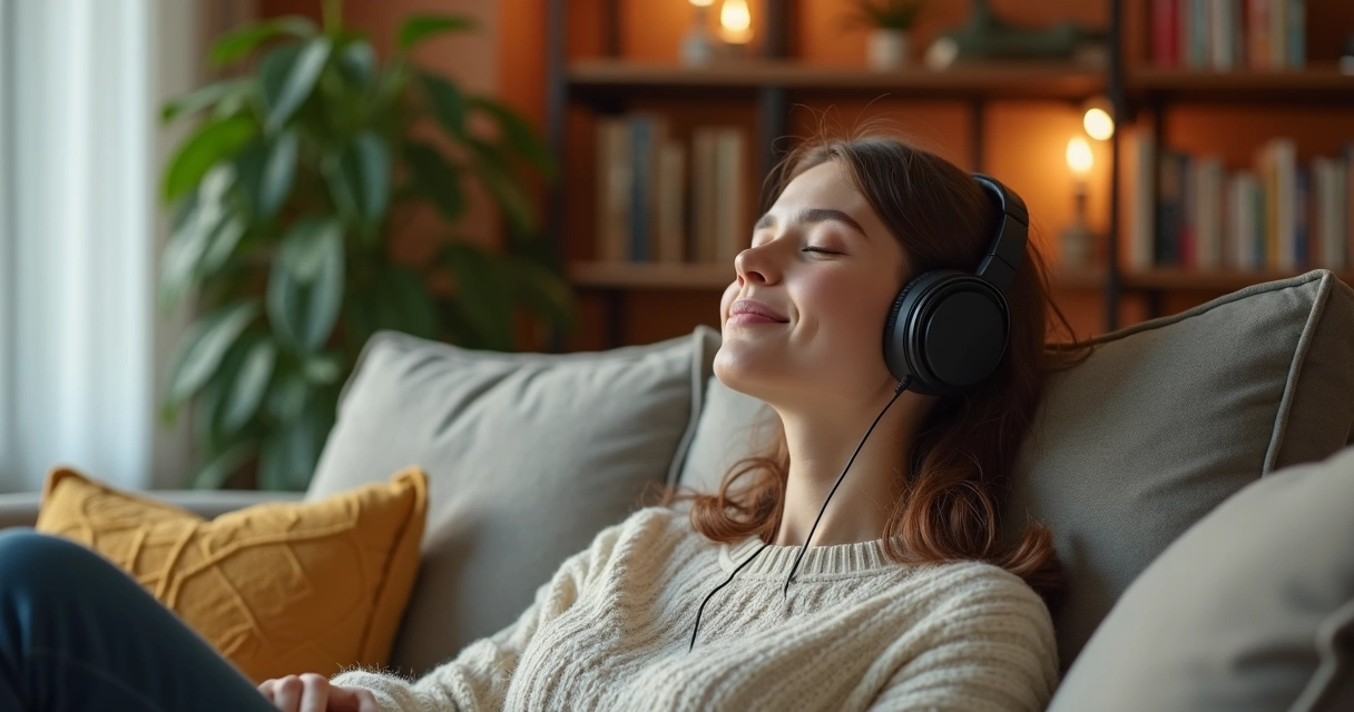 Mulher sentada na sala ouvindo música com fones de ouvido