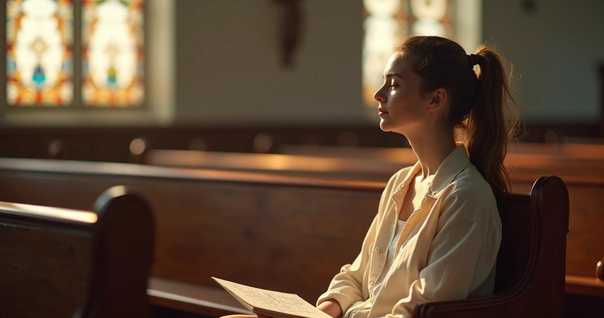 Mulher sentada em igreja segurando uma carta e olhando serenamente para o altar