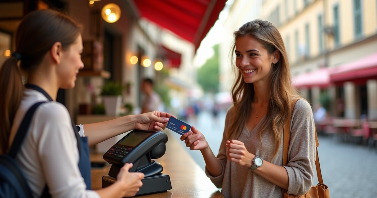 Mulher paga café com cartão contactless em cafeteria no exterior