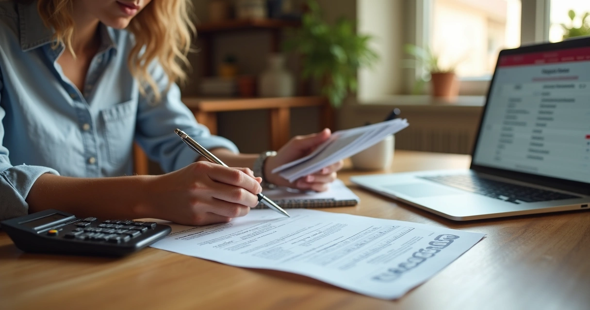 Mulher realiza pagamento de conta usando boleto bancário em mesa, com documentos e notebook ao lado. 