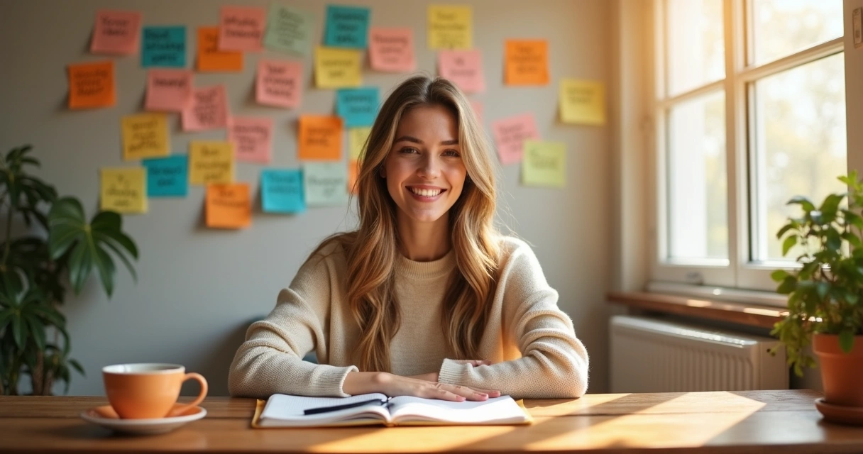 Mulher sorridente em um ambiente claro com post-its de palavras positivas na parede