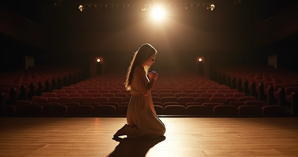 Mulher ajoelhada em palco vazio diante de luz em forma de cruz 