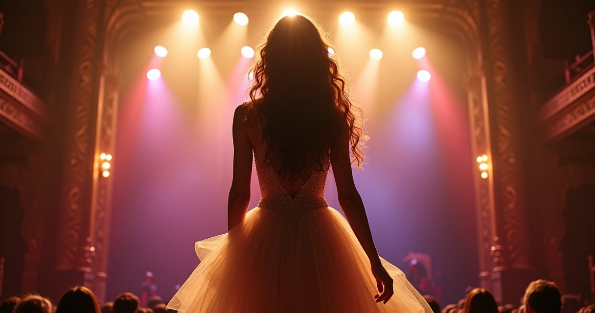 Mulher de costas no palco iluminado por luzes douradas e rosadas 
