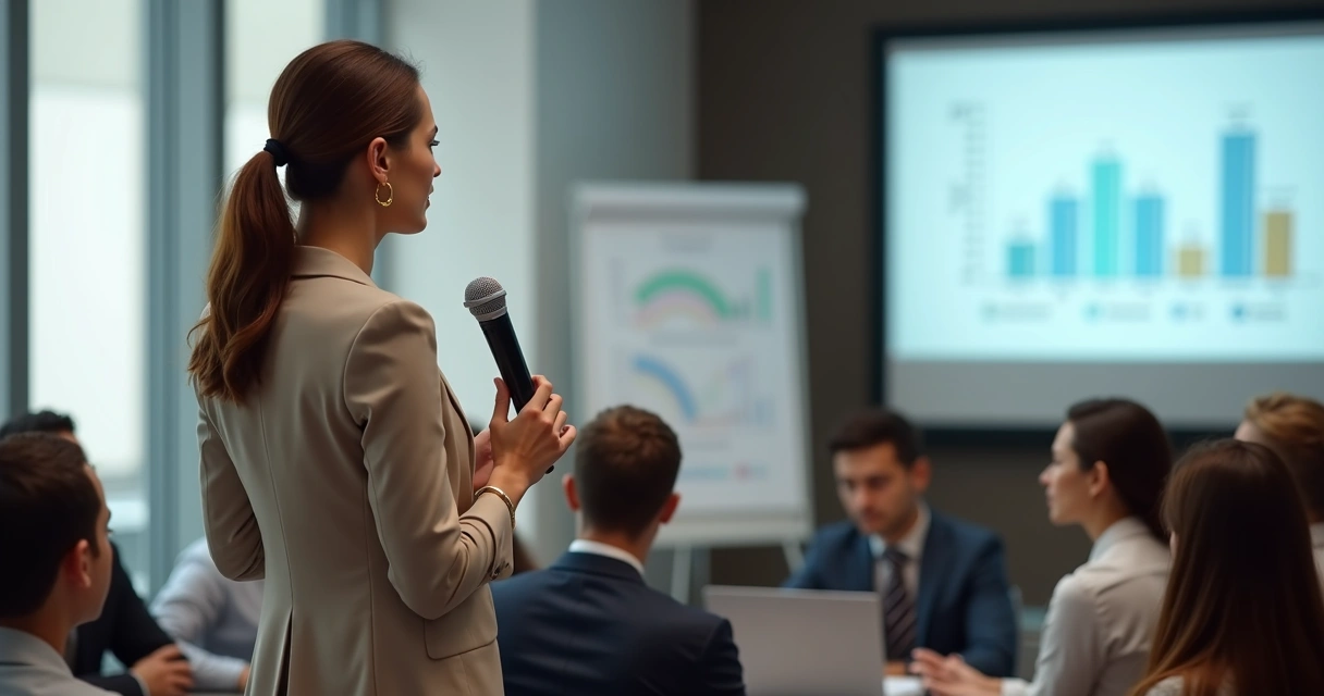 Mulher profissional palestrando em evento sobre psicologia e negócios, público atento