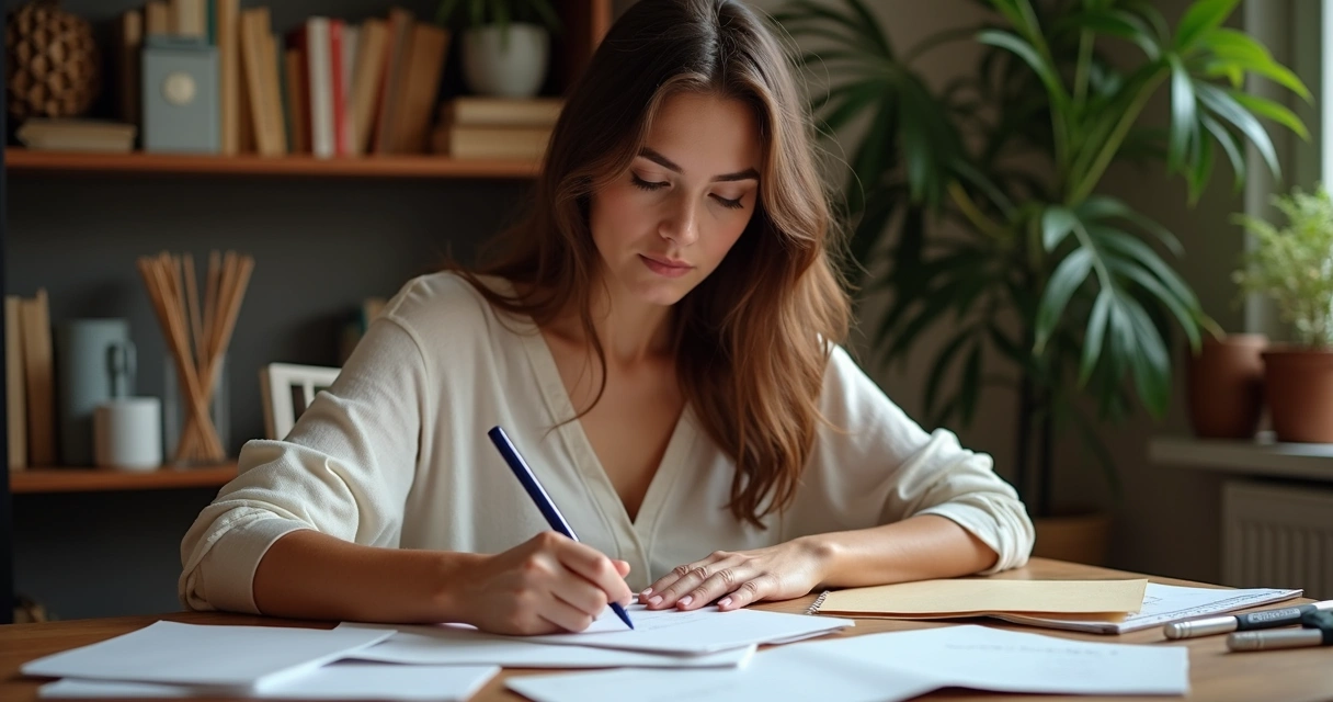 Mulher escrevendo cartas em papel sobre uma mesa 