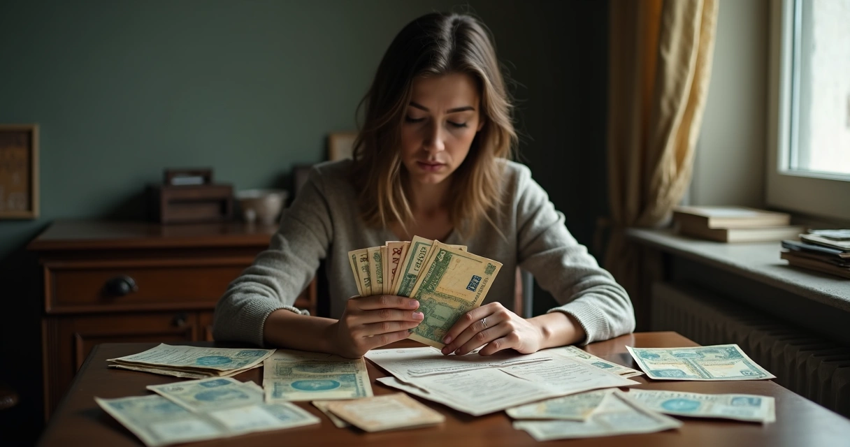 Pessoa olhando para moeda antiga e papéis de dívidas antigas 