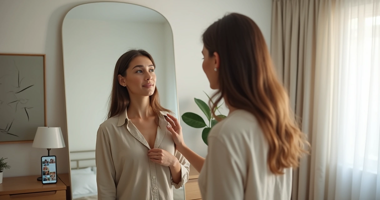 Mulher olhando o próprio reflexo no espelho com expressão de calma e confiança 