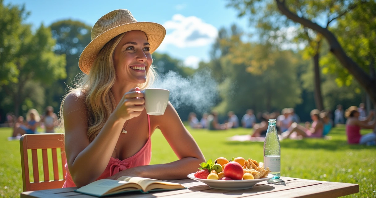 Mulher sorridente em um parque com café e frutas, cercada por natureza e pessoas felizes.