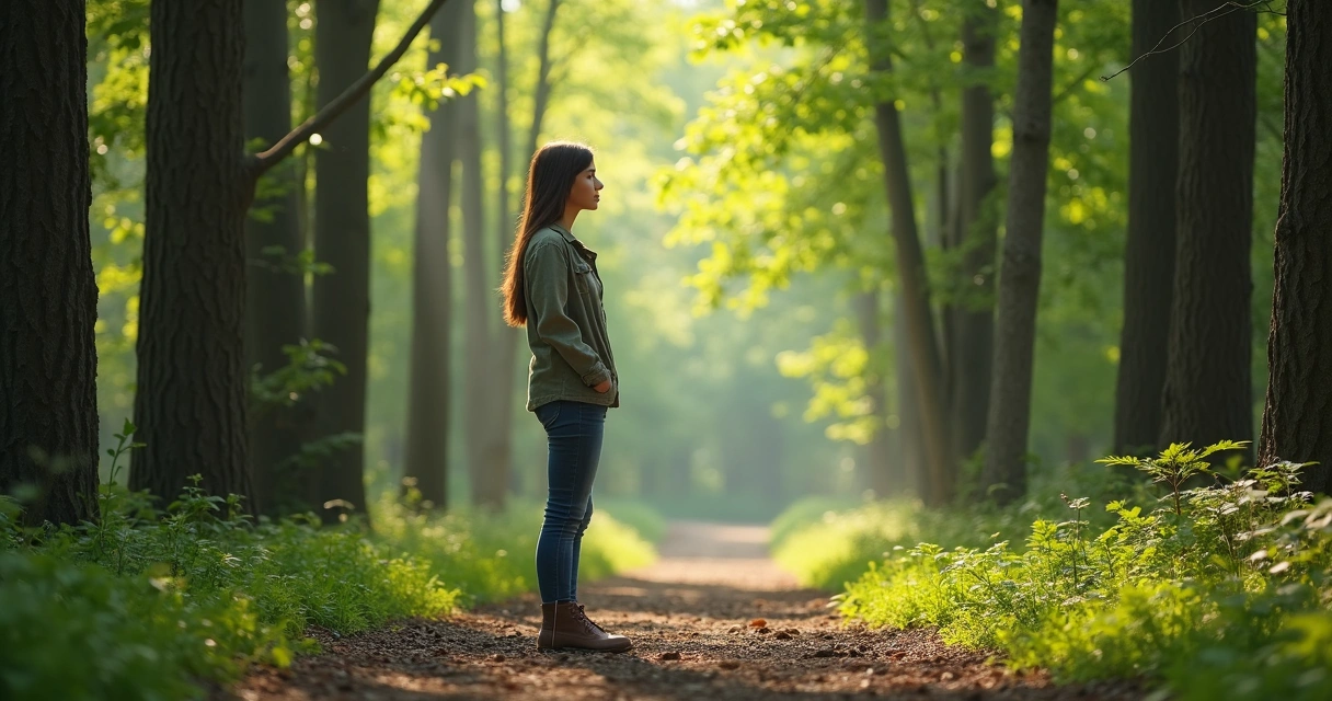 Mulher faz pausa na natureza, olhando ao longe 