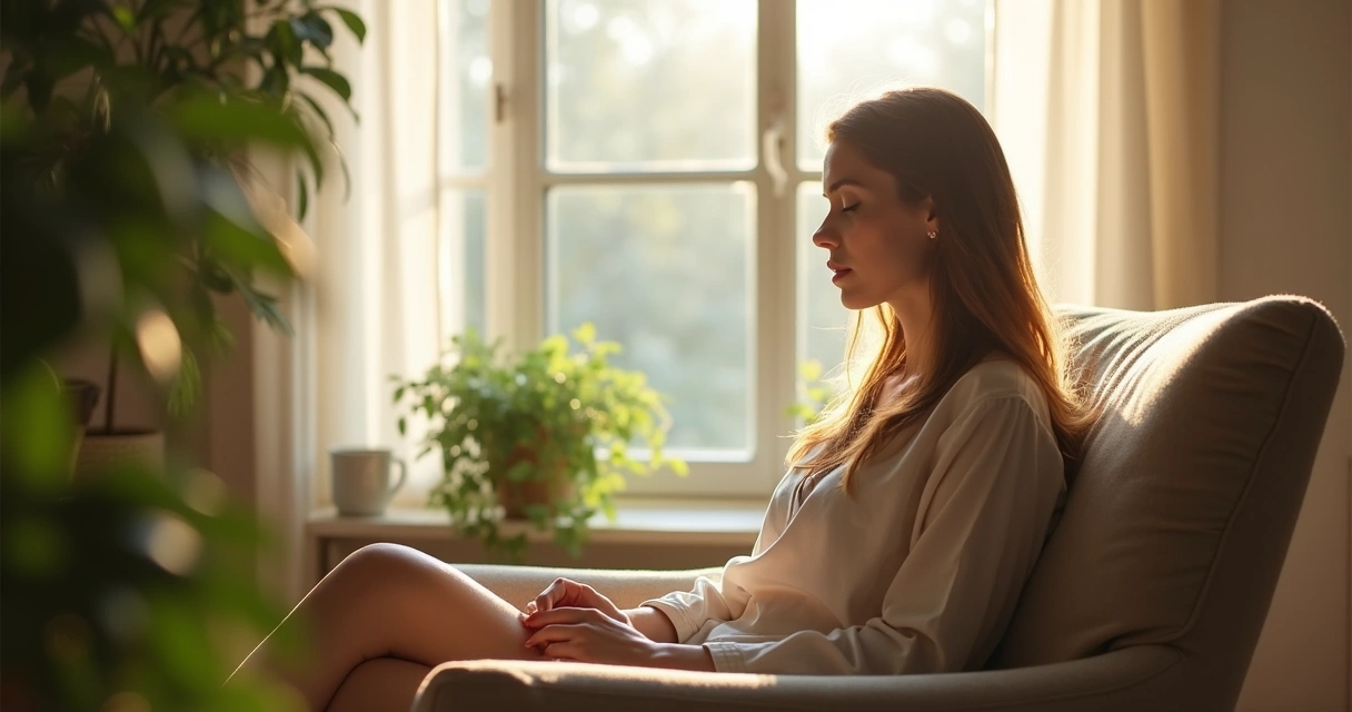Mulher sentada em cadeira praticando pausa para reflexão junto à janela, luz suave 