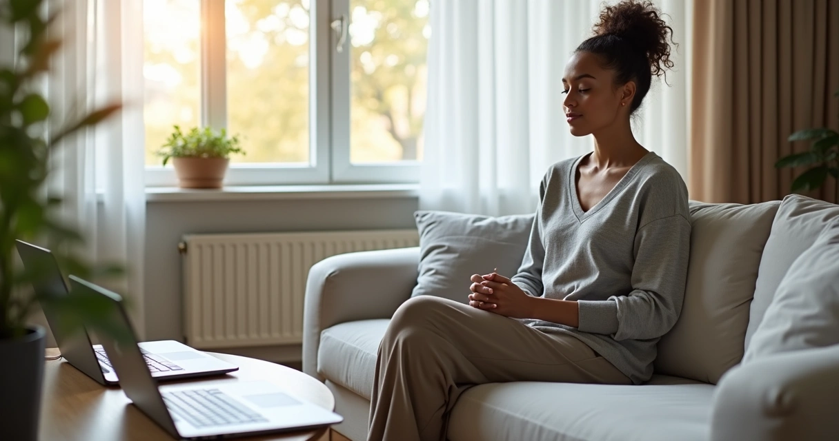 Mulher sentada afastada de dispositivos eletrônicos na sala. 
