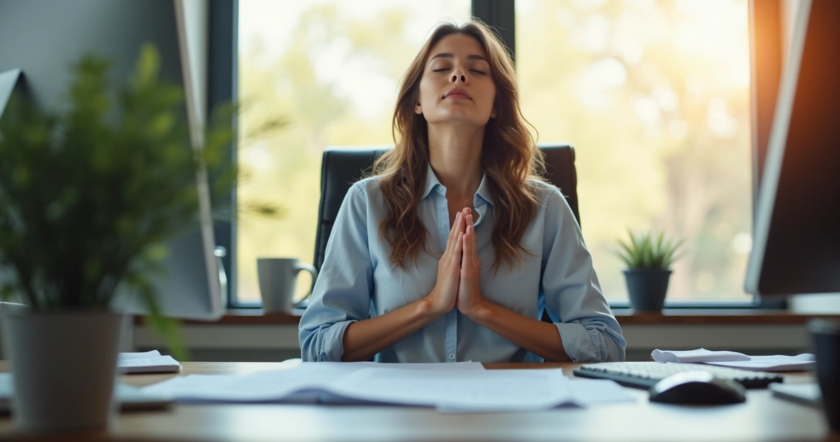 Mulher faz pausa para respirar em escritório, olhos fechados, mãos no peito 