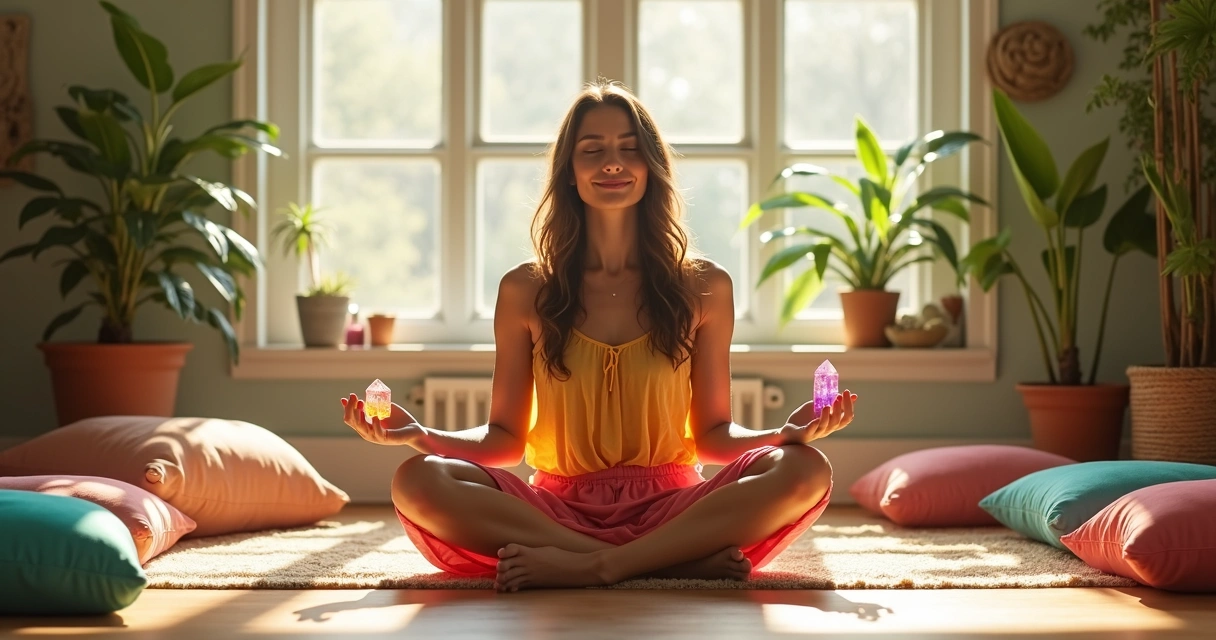 Mulher com roupas coloridas meditando com pedras nas mãos