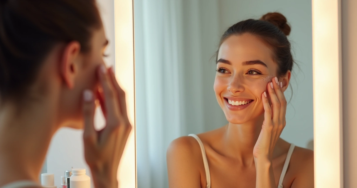 Mulher olhando no espelho com sorriso após clareamento de pele na testa e bochechas 