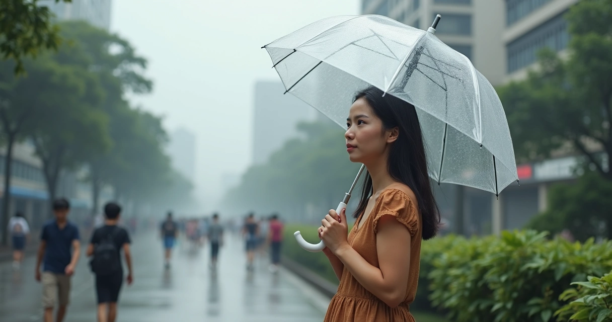 Mulher com guarda-chuva, pele protegida em dia nublado 