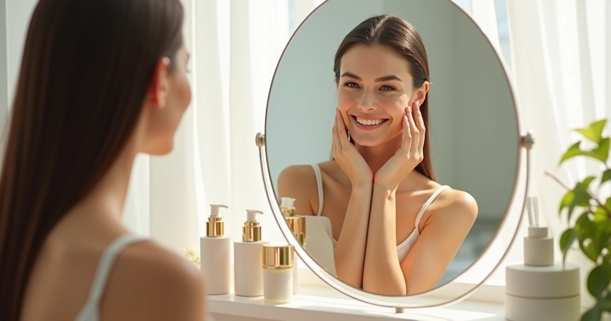 Mulher se olhando no espelho após tratamento facial, sorrindo com pele luminosa 