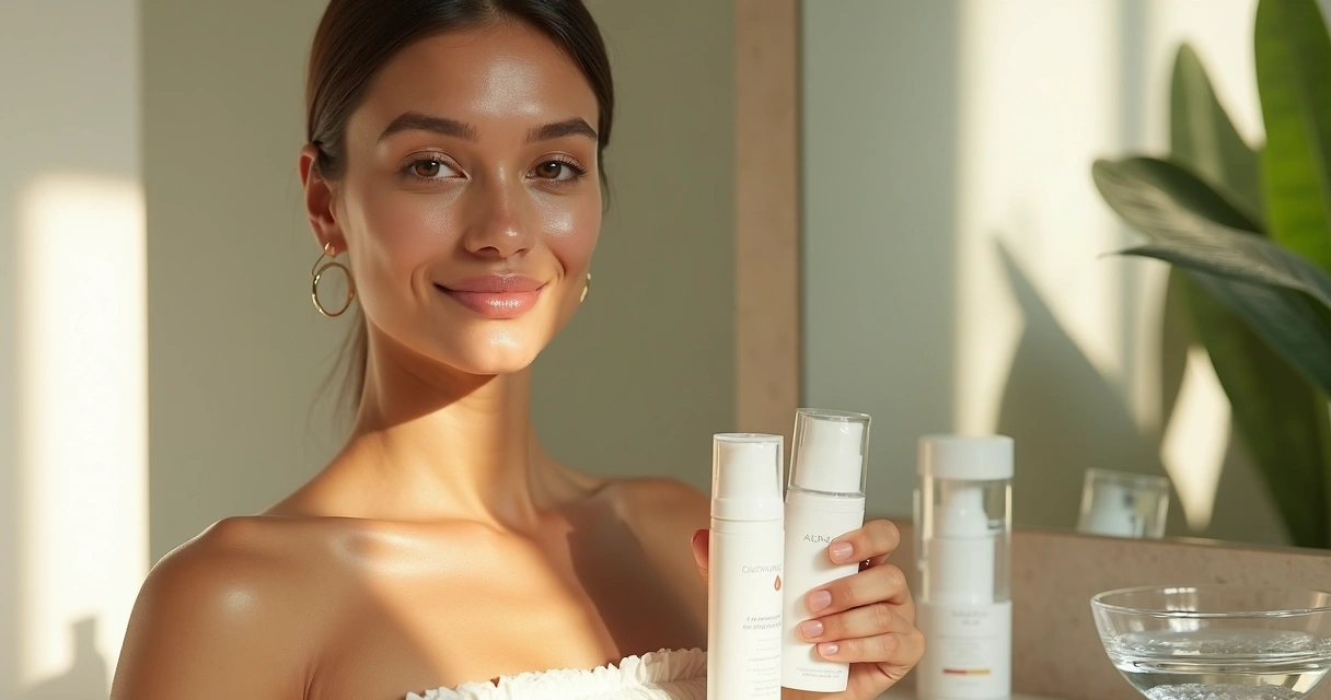 Mulher brasileira com pele oleosa segura produtos Adcos de skincare sobre fundo tropical suave 