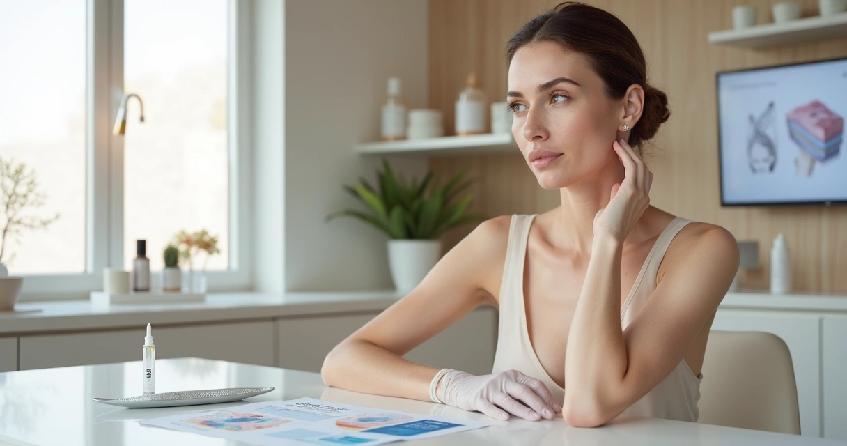 Mulher com pele firme e luminosa segurando frasco de bioestimulador de colágeno 