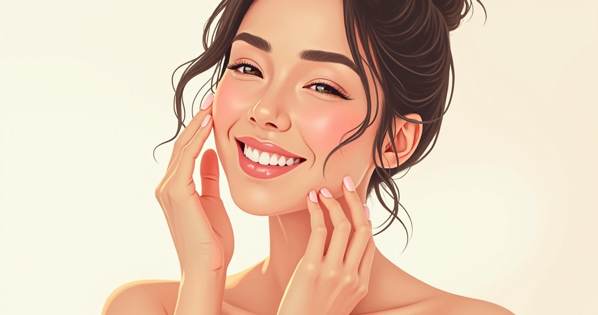 Mulher sorrindo tocando o rosto com pele saudável em ambiente iluminado 