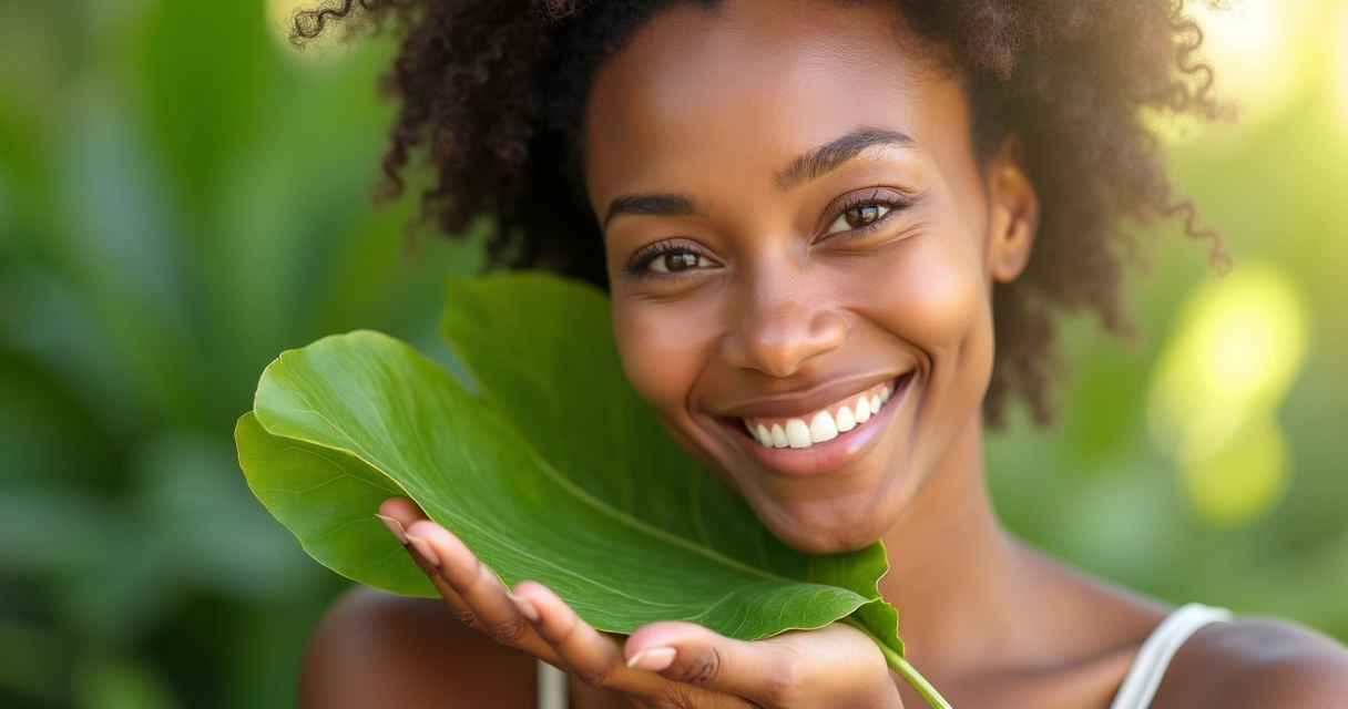 Mulher segurando folhas de moringa com pele luminosa