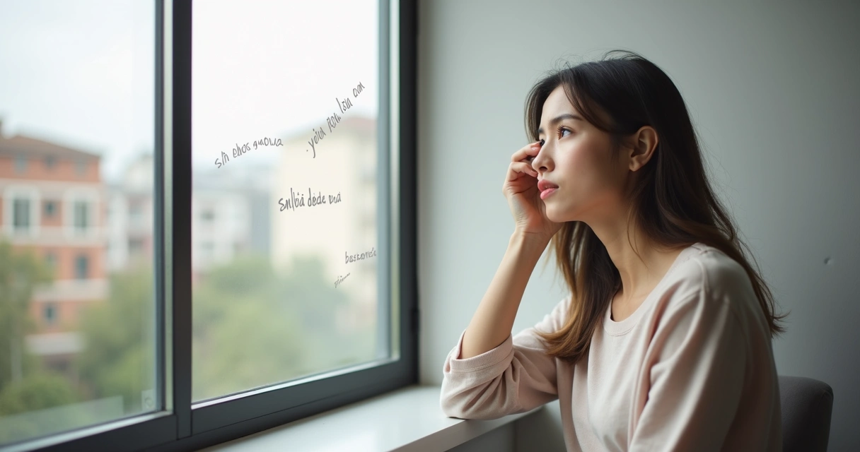 Mulher jovem olhando pela janela com nuvens de pensamentos negativos ao redor da cabeça 