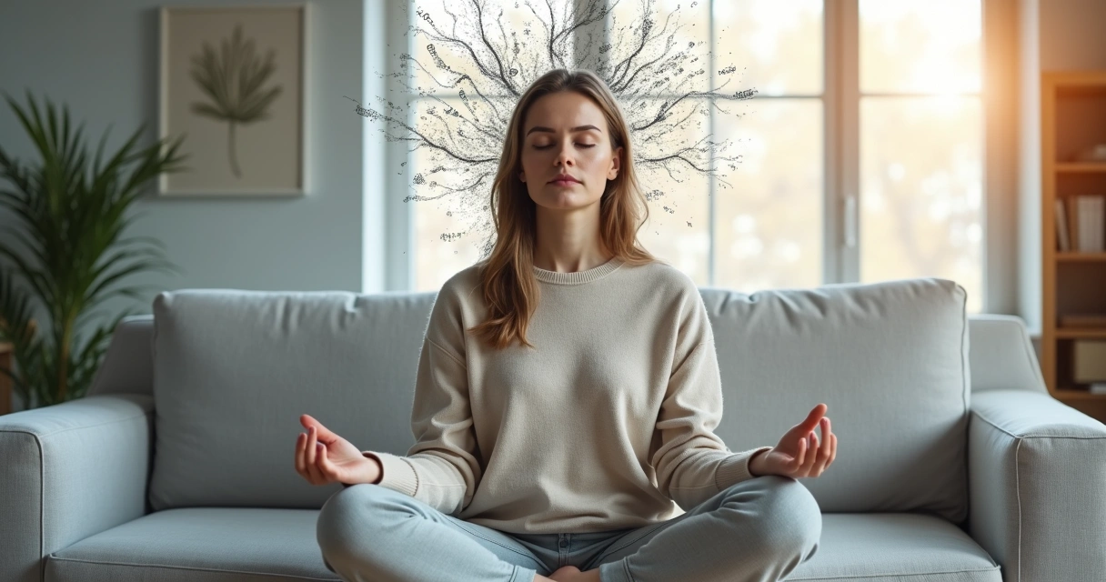 Mulher sentada em posição de meditação com pensamentos caóticos se transformando em clareza ao redor da cabeça 