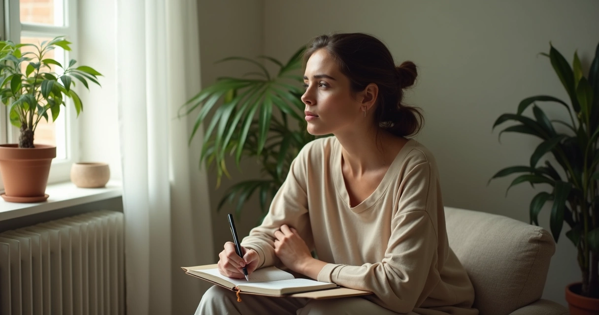 Mulher sentada refletindo em ambiente tranquilo, caderno aberto à frente 